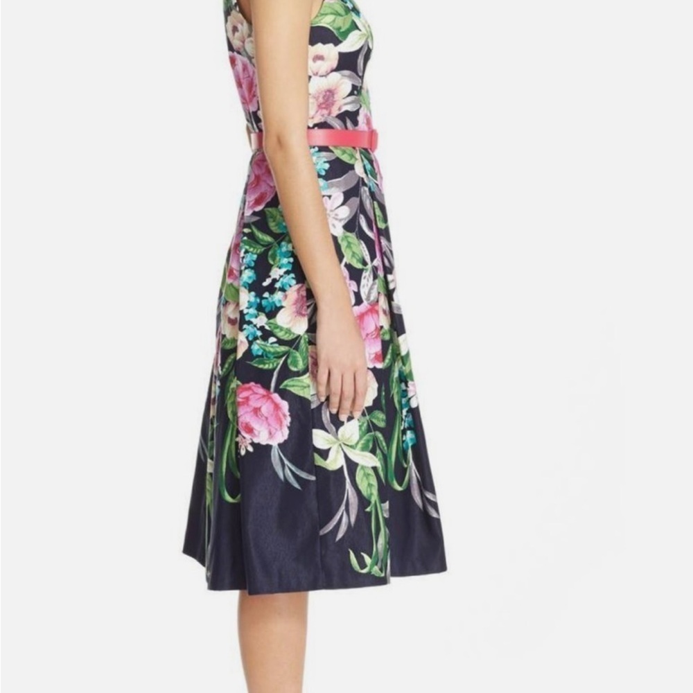 Eliza J Pink, navy green floral belted Midi Dress size 14 - Picture 3 of 6